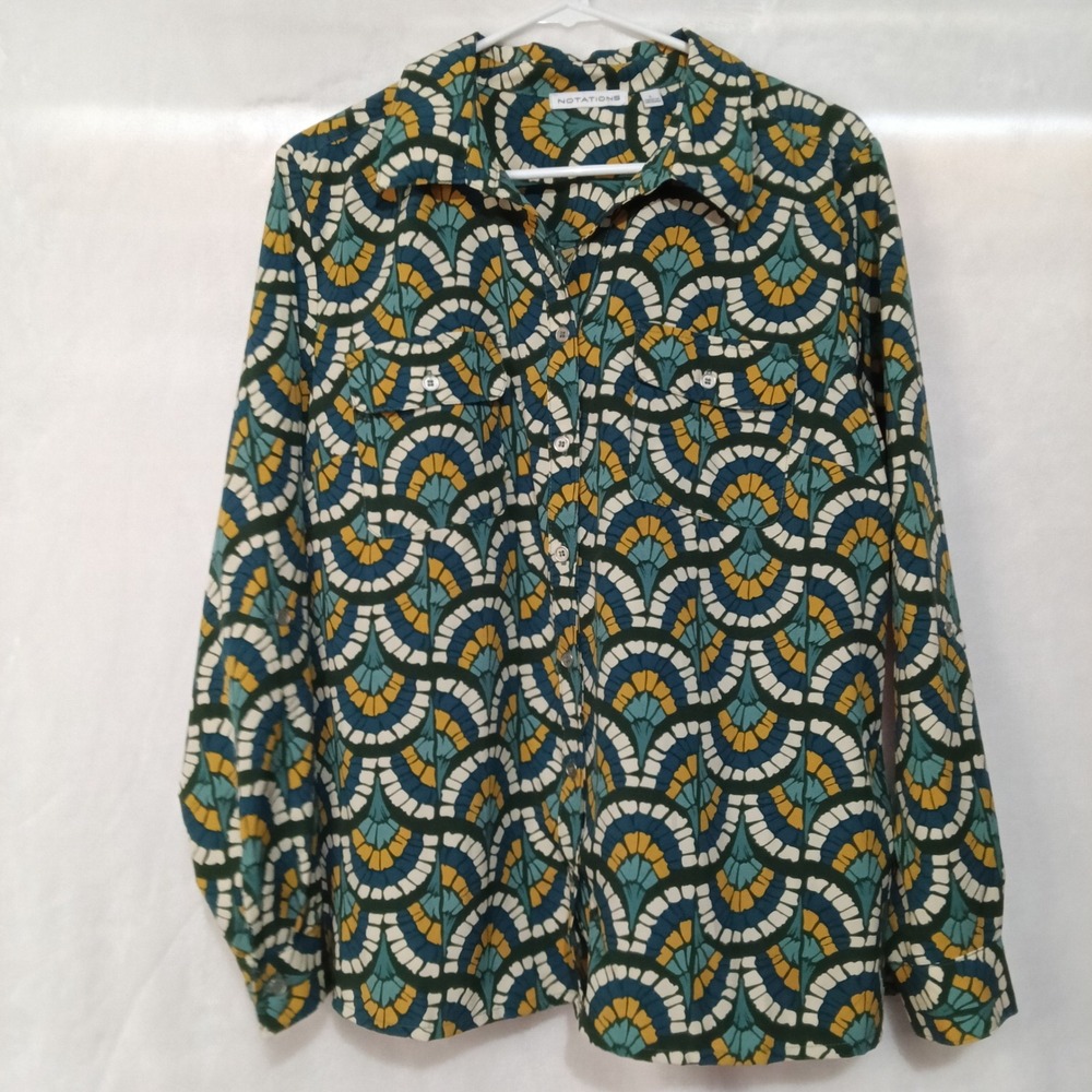 Notations Womens Large Geometric Fan Print Button Down Shirt Teal Yellow